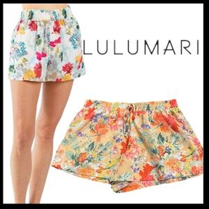 Lulumari Peach Colourful Floral Elastic Waist Drawstring Shorts (M)